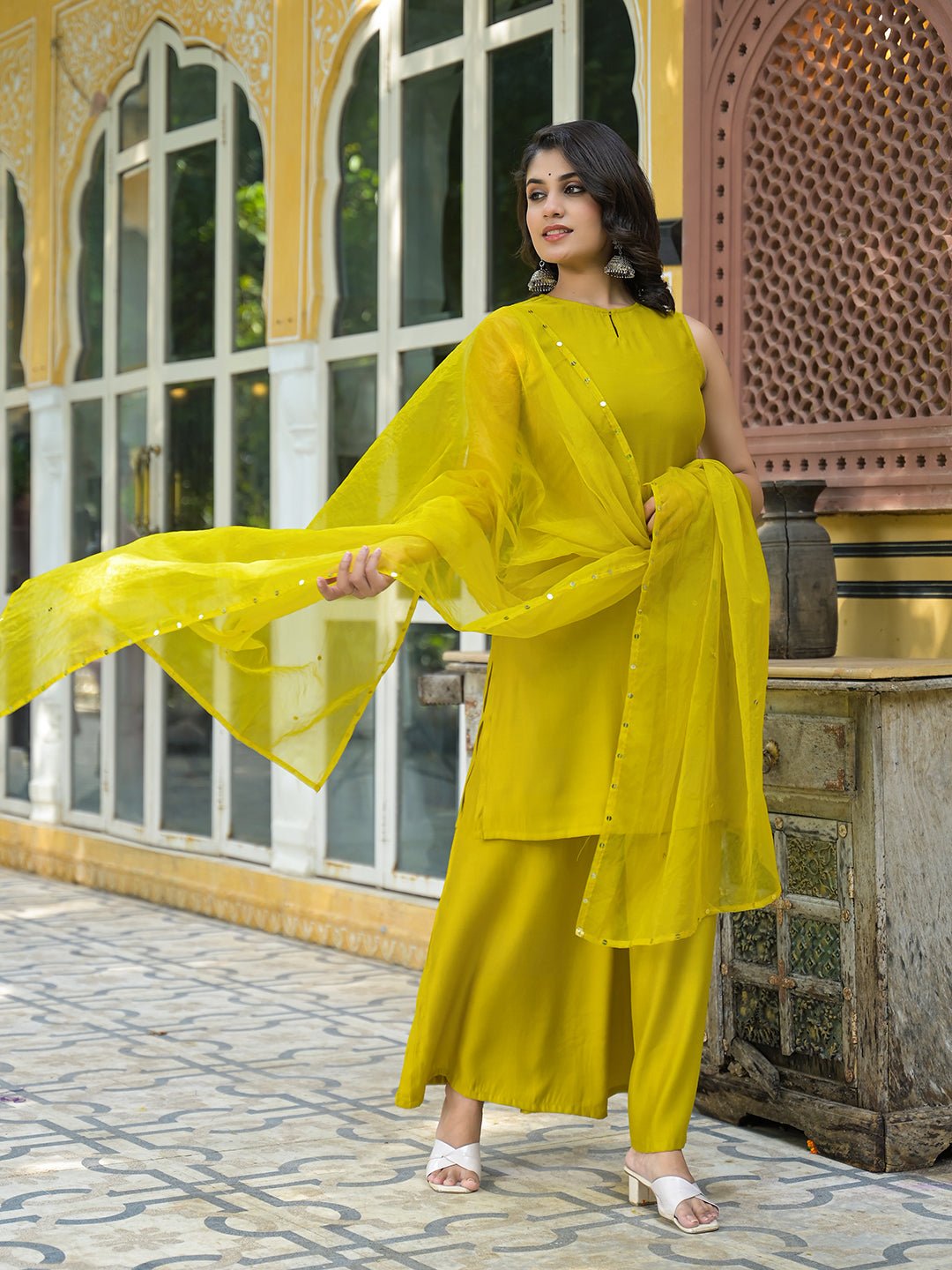Mustard Sleevessless Kurta Sharara With Organza Sequinned Dupatta