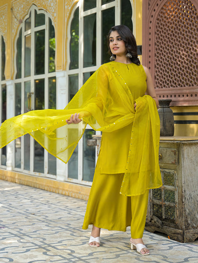 Mustard Sleevessless Kurta Sharara With Organza Sequinned Dupatta
