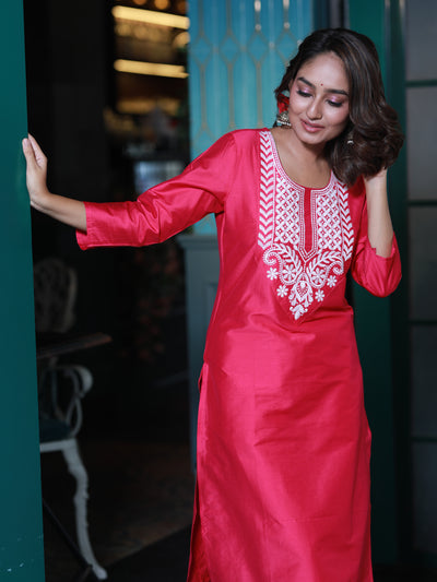 Hot Pink Embroidered Cotton Silk Kurta Set