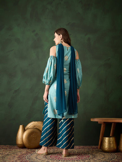 Blue Gold Printed Kurta Palazzo With Dupatta
