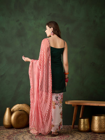 Green Kurta With Floral Print Palazzo & Dupatta