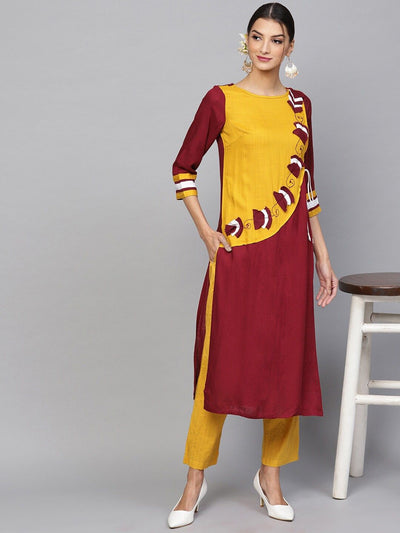 Maroon Embroidered Straight Kurta