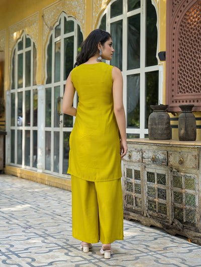Mustard Sleevessless Kurta Sharara With Organza Sequinned Dupatta