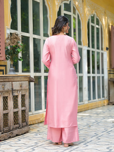 Powder Pink A-Line Kurta With Mirror Work On Dupatta