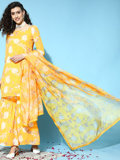 Yellow Floral Print Kurta Sharara With Dupatta