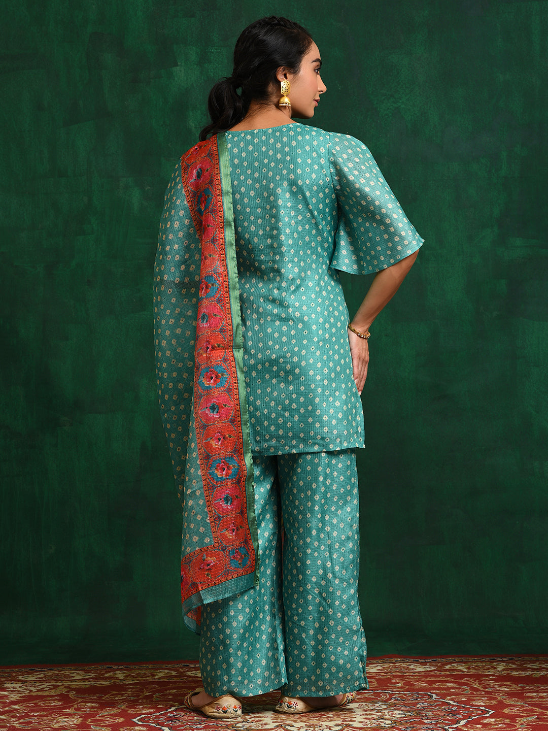 Green Kota Doria Suit Set Mother Daughter Combo