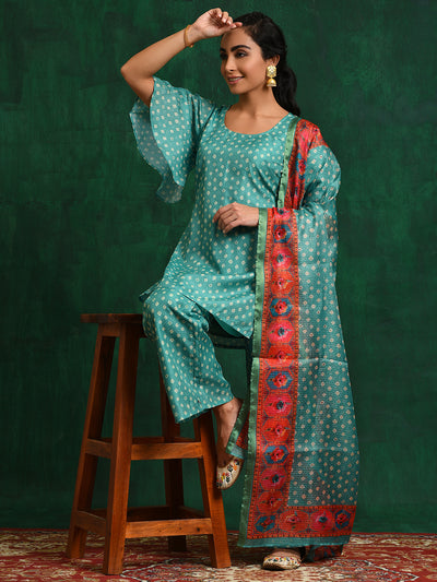 Green Kota Doria Suit Set Mother Daughter Combo