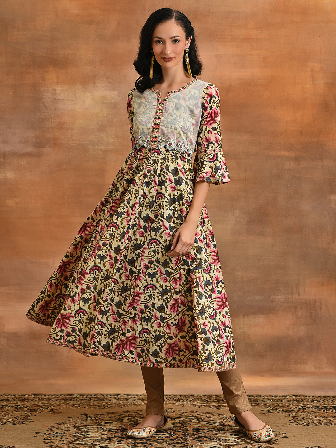 Cream Floral Print Anarkali