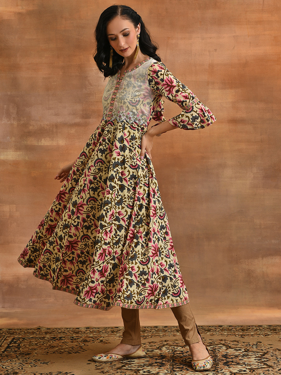 Cream Floral Print Anarkali