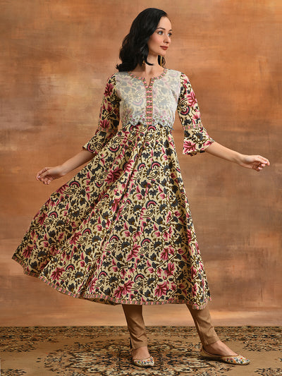 Cream Floral Print Anarkali