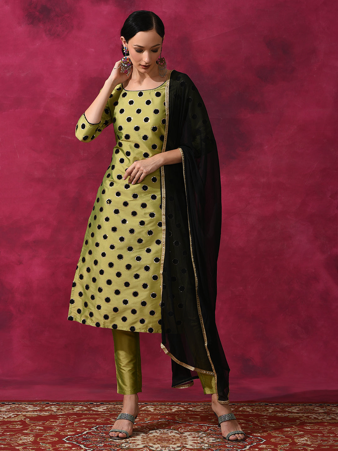 Green Applique Work Kurta Pant With Dupatta