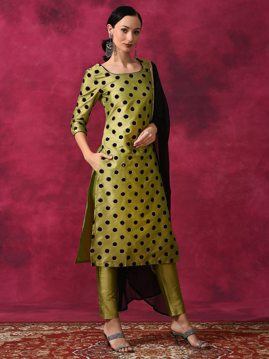 Green Applique Work Kurta Pant With Dupatta