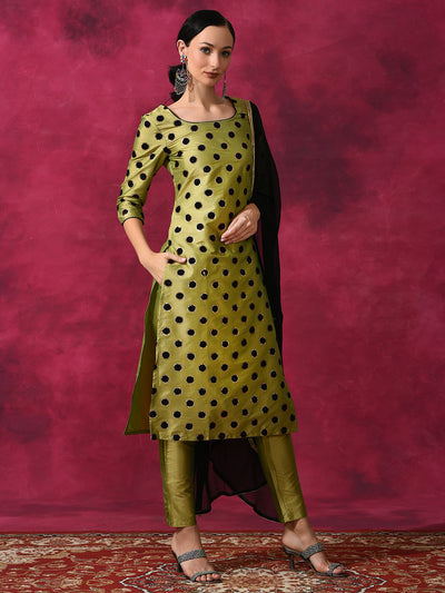 Green Applique Work Kurta Pant With Dupatta