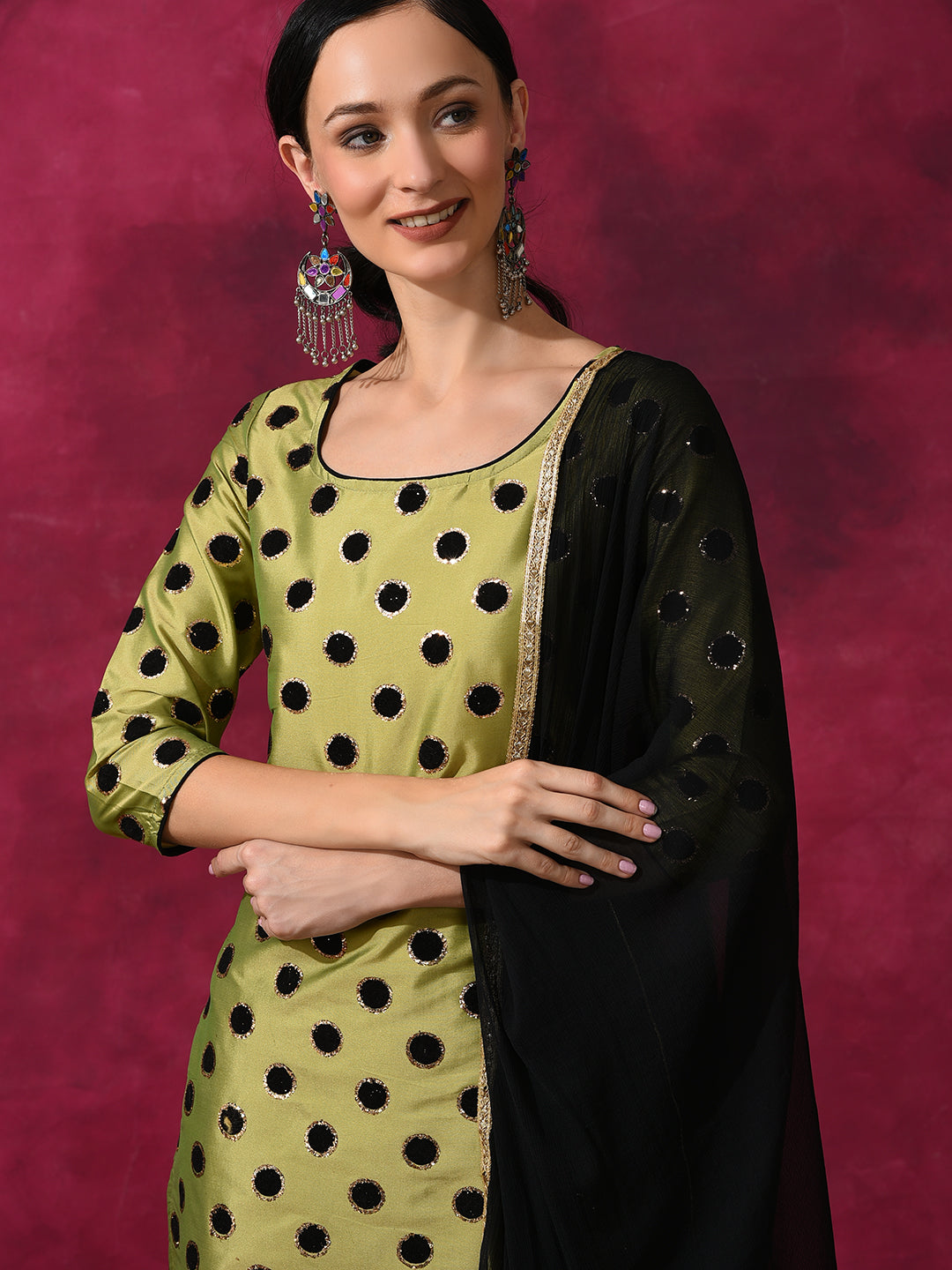 Green Applique Work Kurta Pant With Dupatta