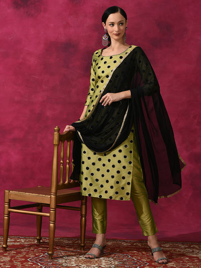 Green Applique Work Kurta Pant With Dupatta