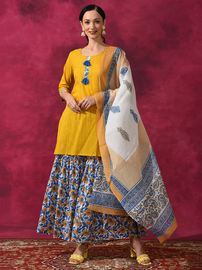 Yellow Floral Print Kurti Sharara With Dupatta