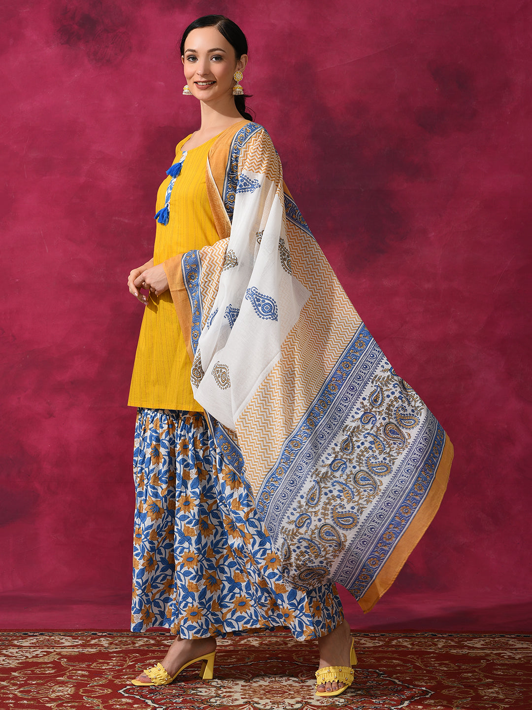 Yellow Floral Print Kurti Sharara With Dupatta