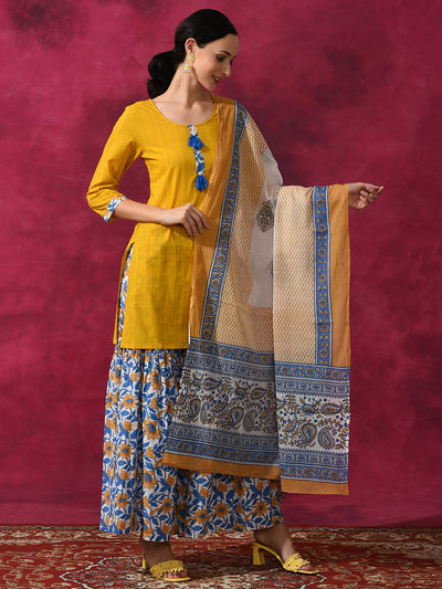 Yellow Floral Print Kurti Sharara With Dupatta