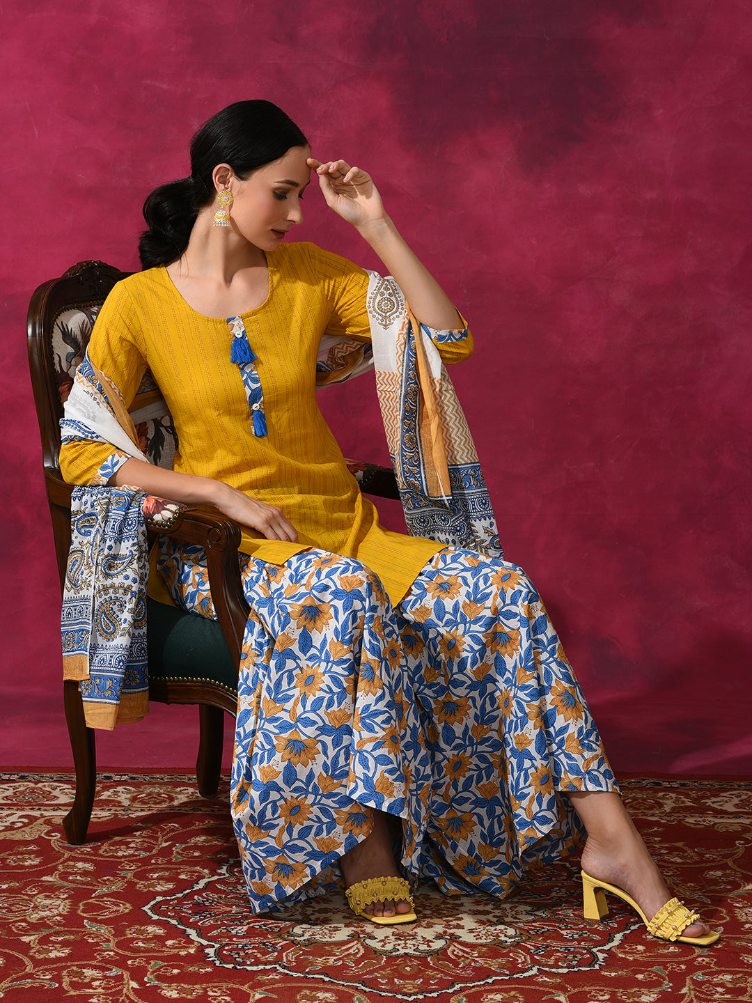 Yellow Floral Print Kurti Sharara With Dupatta
