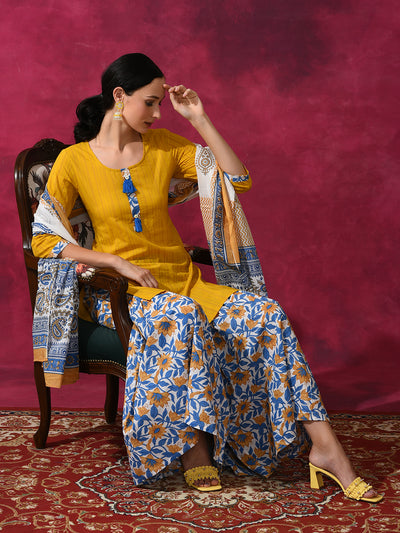 Yellow Floral Print Kurti Sharara With Dupatta