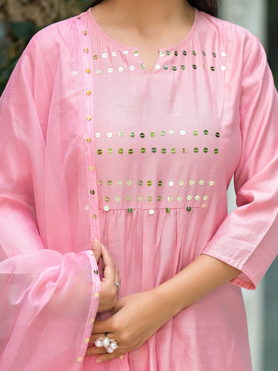 Powder Pink A-Line Kurta With Mirror Work On Dupatta