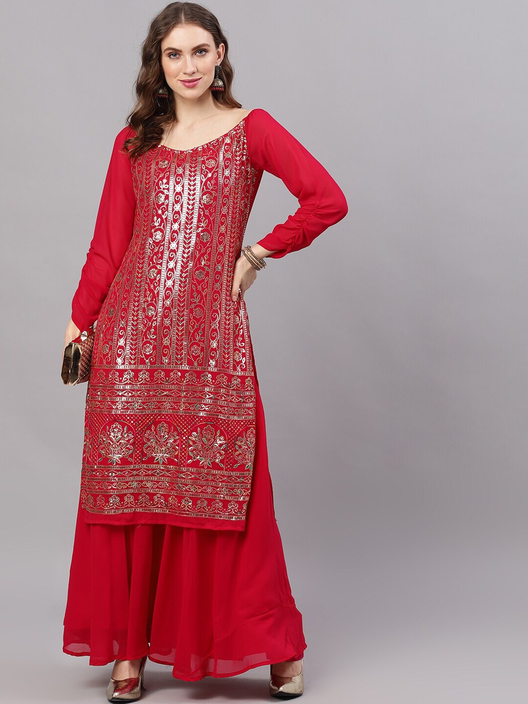 Maroon Sequined Kurta With Flared Skirt