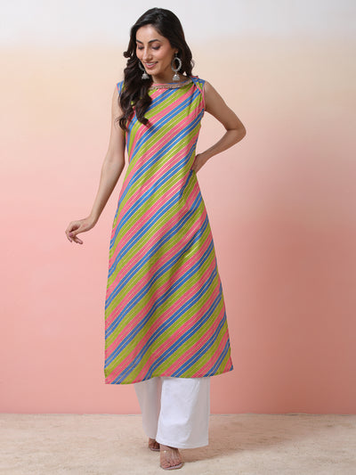 Pink & Green Leheriya Print Kurta
