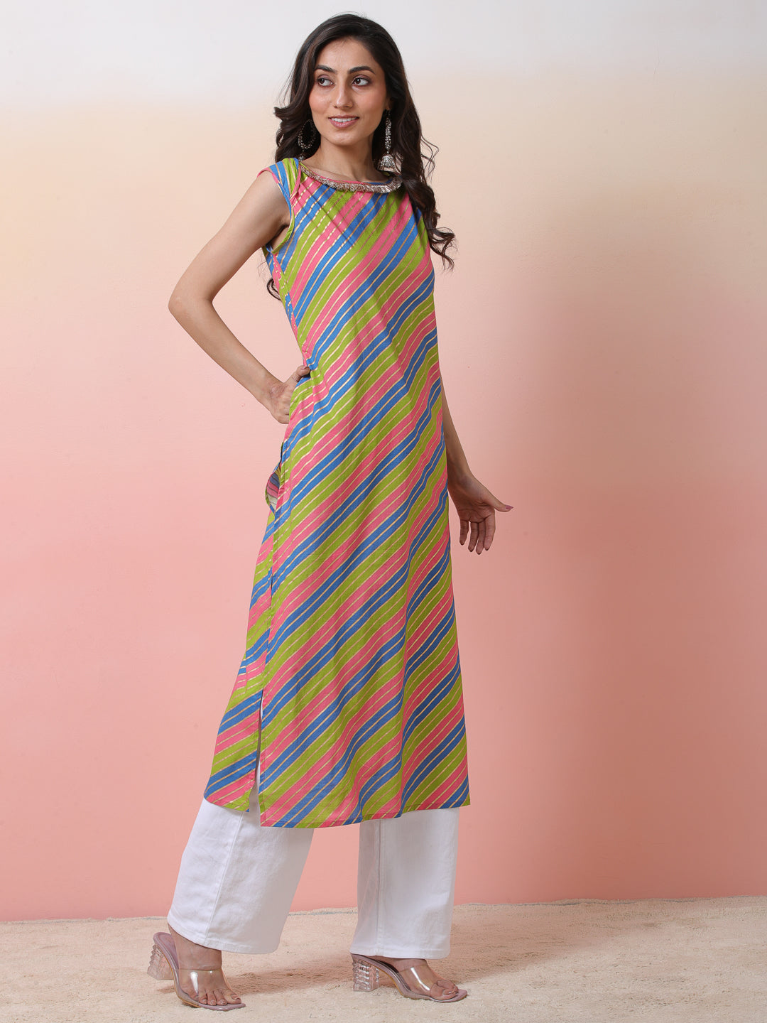 Pink & Green Leheriya Print Kurta