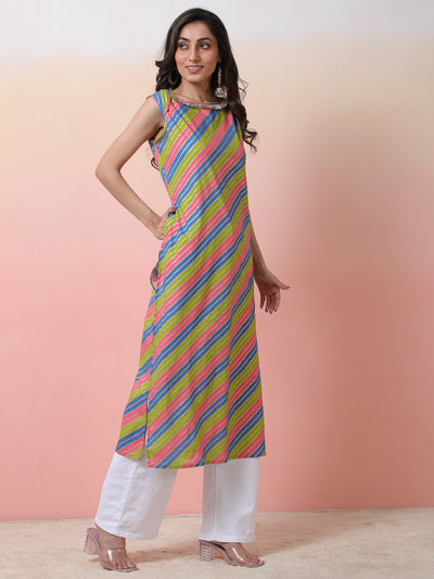 Pink & Green Leheriya Print Kurta
