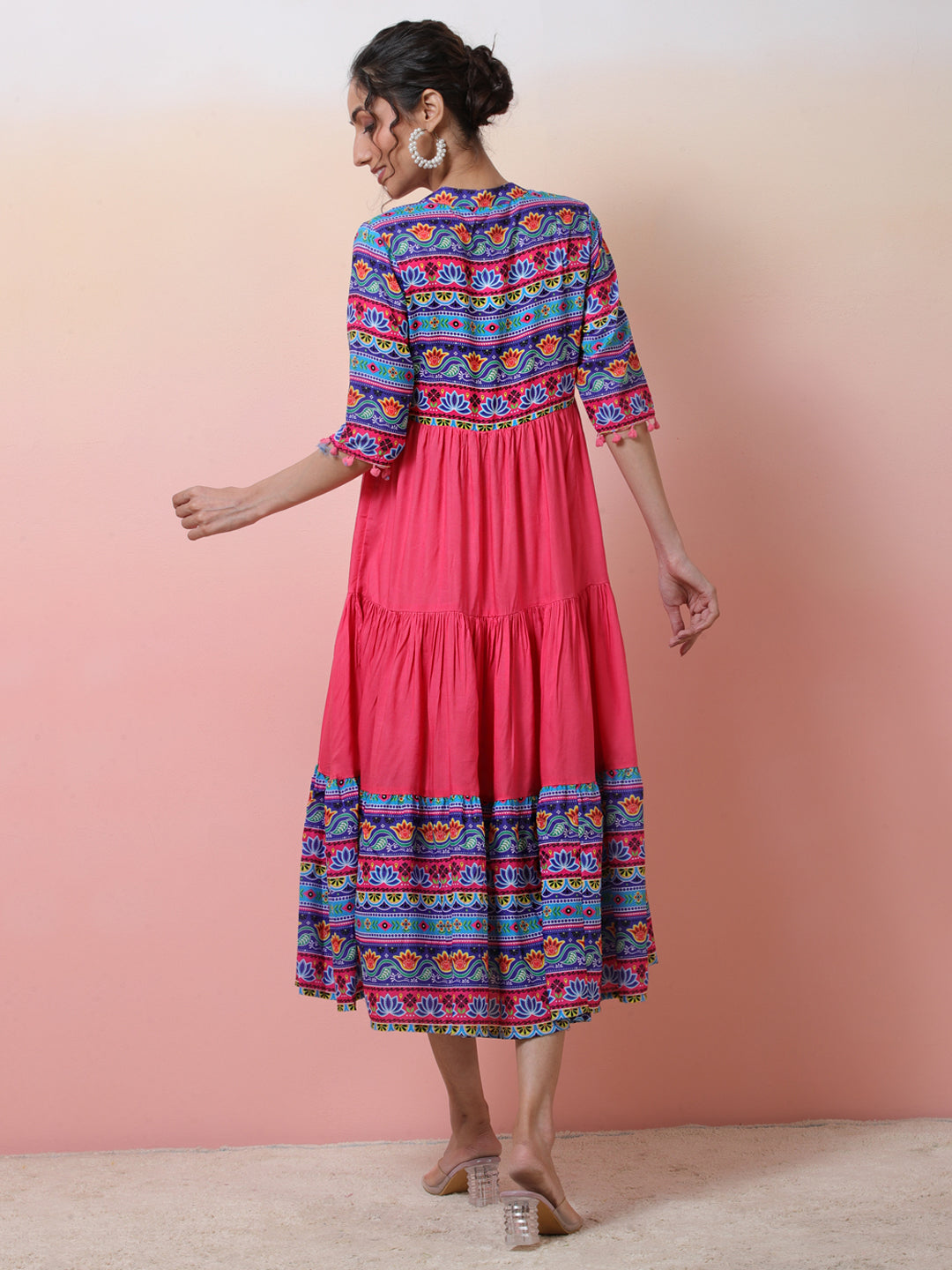 Pink & Blue Floral Print Tiered Anarkali