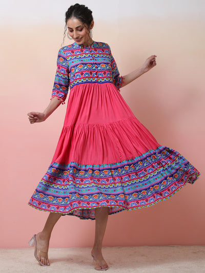 Pink & Blue Floral Print Tiered Anarkali