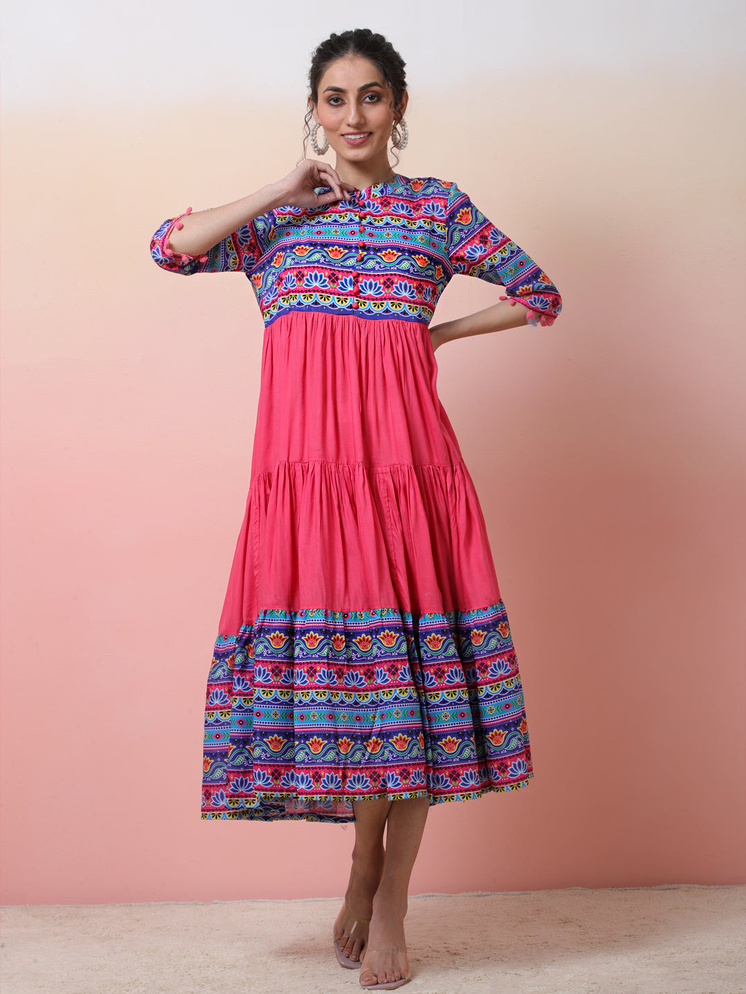 Pink & Blue Floral Print Tiered Anarkali