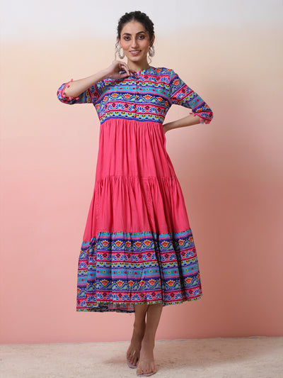 Pink & Blue Floral Print Tiered Anarkali