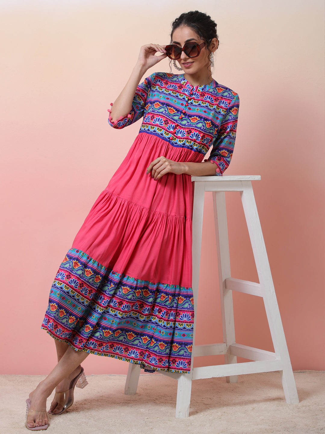 Pink & Blue Floral Print Tiered Anarkali