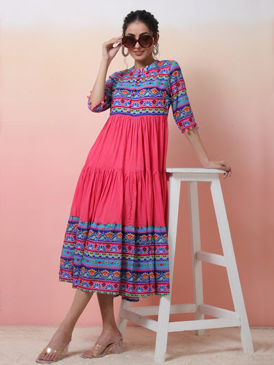Pink & Blue Floral Print Tiered Anarkali