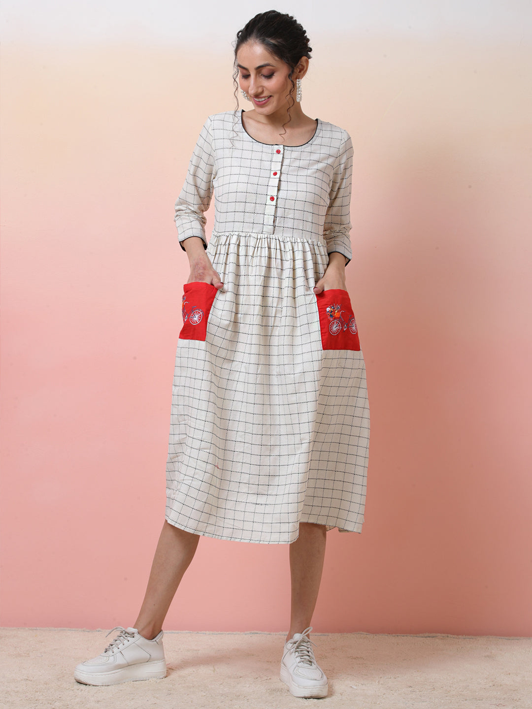 White Checked Dress With Embroidered Pockets