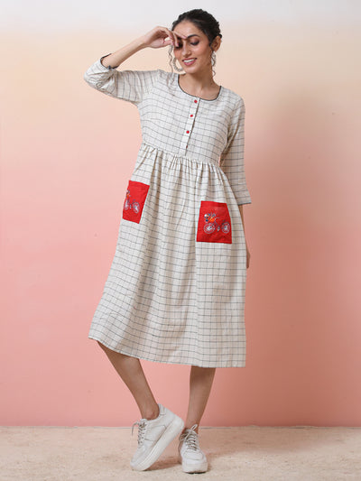 White Checked Dress With Embroidered Pockets