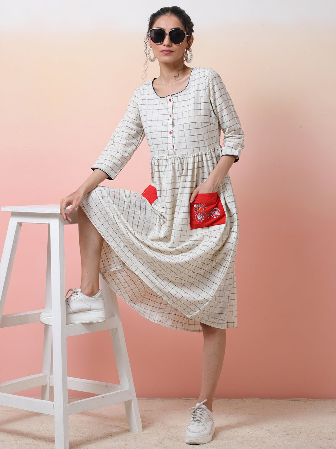 White Checked Dress With Embroidered Pockets