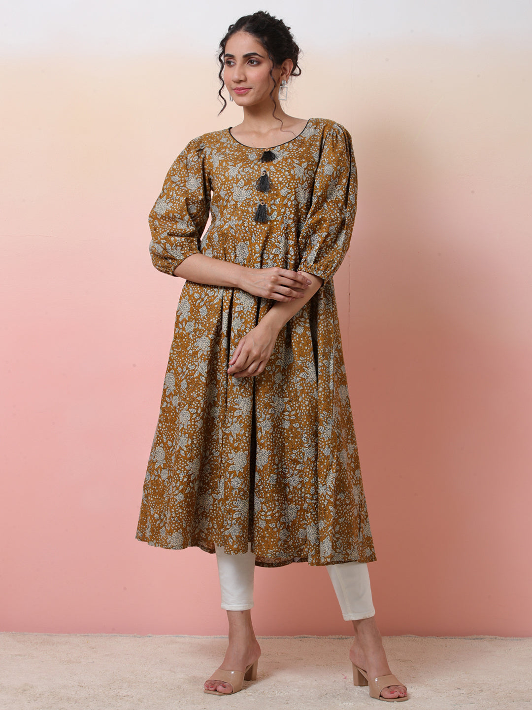 Mustard Floral Print Anarkali