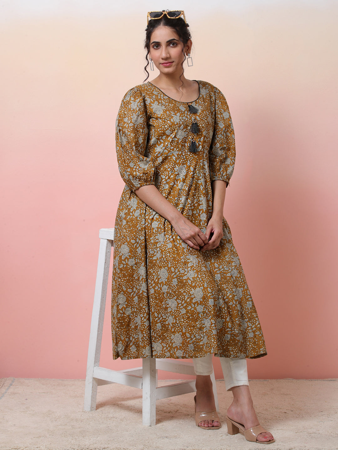 Mustard Floral Print Anarkali