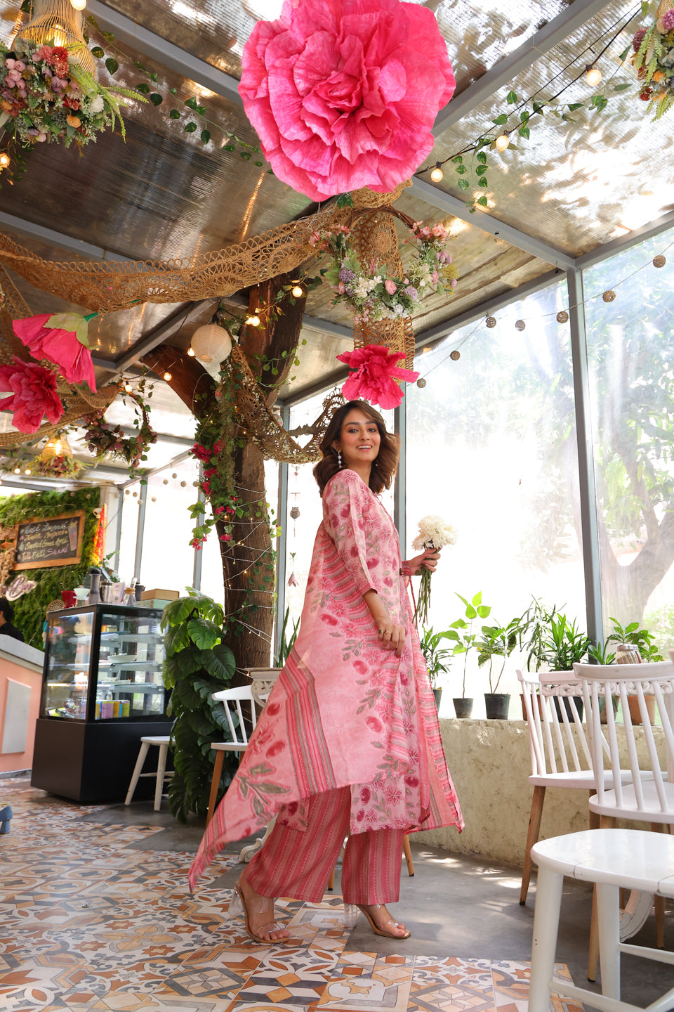 Blush Pink Kurta Set With Kota Doria Dupatta