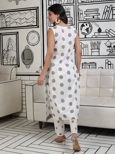 White And Grey Polka Dots Kurta Set With Lace Detail