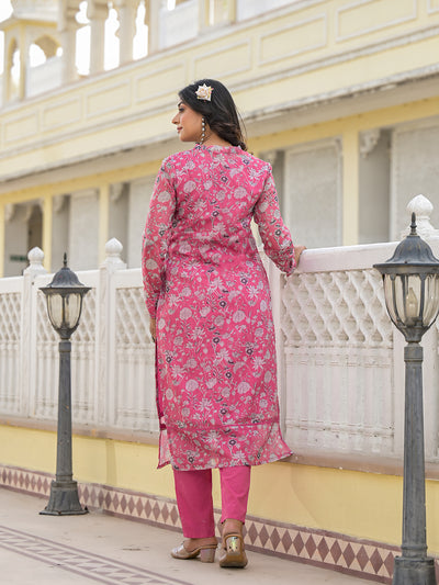 Pink And White Chanderi Kurta Set With Printed Organza Dupatta