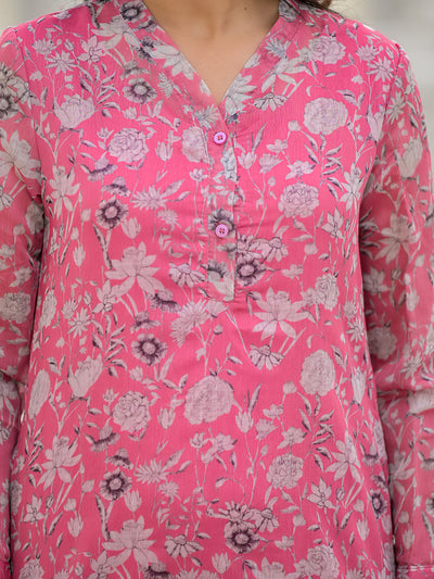 Pink And White Chanderi Kurta Set With Printed Organza Dupatta