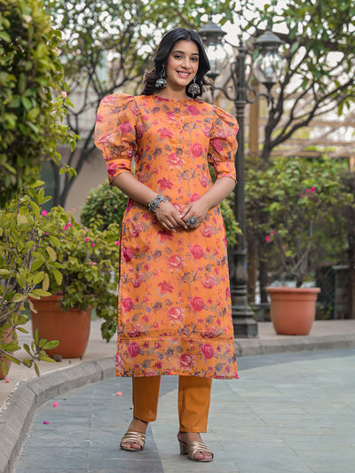 Tangirine Floral Chanderi Kurta Set With Dupatta