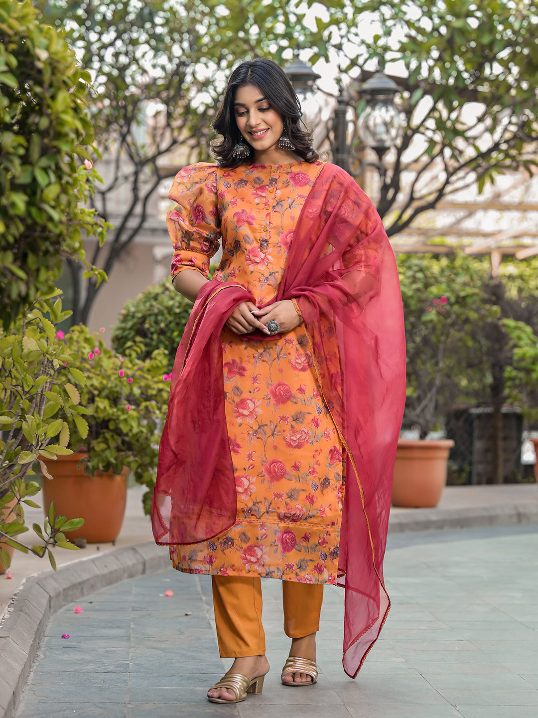 Tangirine Floral Chanderi Kurta Set With Dupatta