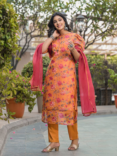 Tangirine Floral Chanderi Kurta Set With Dupatta