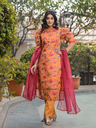 Tangirine Floral Chanderi Kurta Set With Dupatta