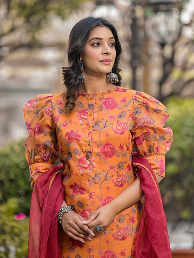 Tangirine Floral Chanderi Kurta Set With Dupatta