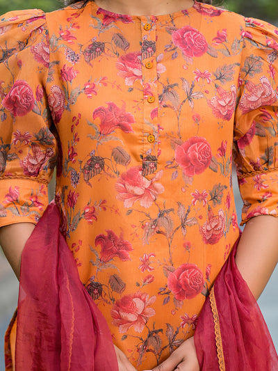 Tangirine Floral Chanderi Kurta Set With Dupatta